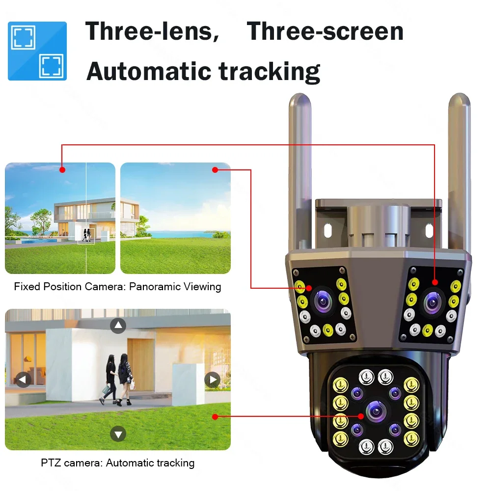 cctv무선wifi 한국형 CANSITUM cctv카메라 와이파이 IP 야외 카메라, 모션 추적 PTZ 4K ip카메라 비디오 카메라, 3 렌즈 3 화면 방수 보안 시스템, 12MP, 6K 홈캠