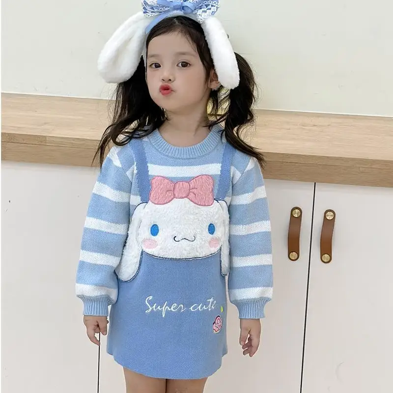 산리오스 시나모롤 마이 멜로디 쿠로미 스위트 스트라이프 플러시 아이 스웨터 드레스, 입체 만화 귀여운 소녀 긴팔 드레스