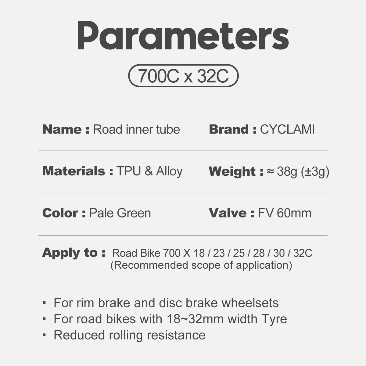 CYCLami-초경량 자전거 내부 튜브 700C 700x18 25 28 32, 도로 MTB 자전거 TPU 소재 타이어 60mm 80mm  길이 프렌치 밸브 초경량