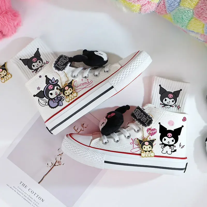 카와이 산리오 쿠로미 캔버스 신발, 어린이 만화 벨크로 스니커즈, 애니메이션 하이탑 캐주얼 플랫 슈즈, 무료 양말 인형 버클, 신상