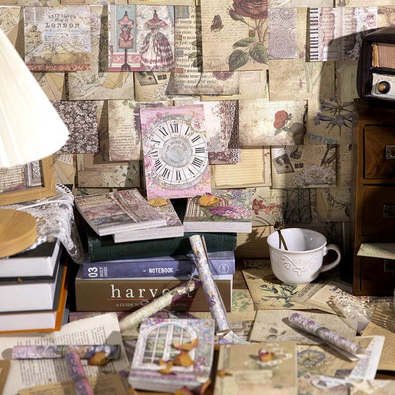 Yoofun-레트로 장식 재료 종이 책, 빈티지 장미 글자 꽃 종이 저널 유제품 공예 만들기 100 매