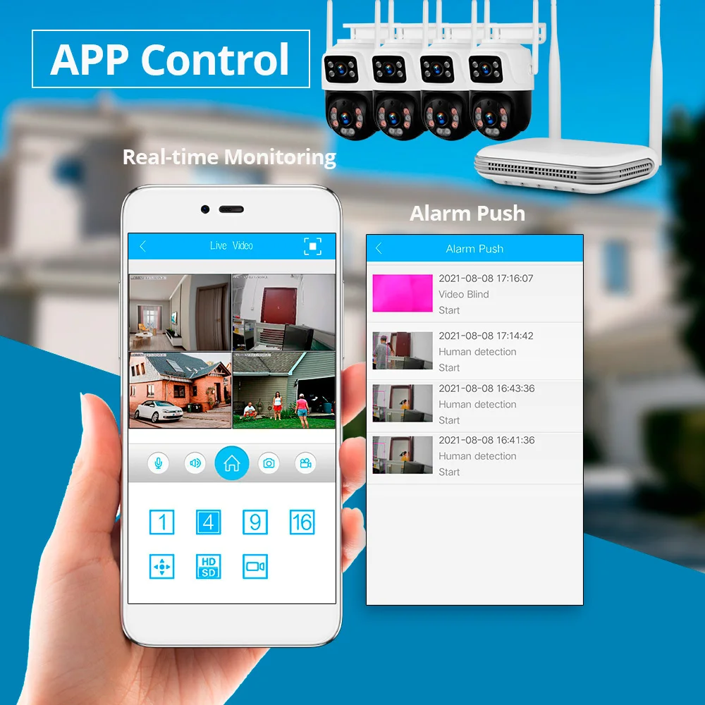 KERUI 방수 6MP HD 무선 듀얼 렌즈 PTZ WIFI IP 홈 보안 감시 카메라 시스템 8CH NVR 비디오 H.265 CCTV 키트