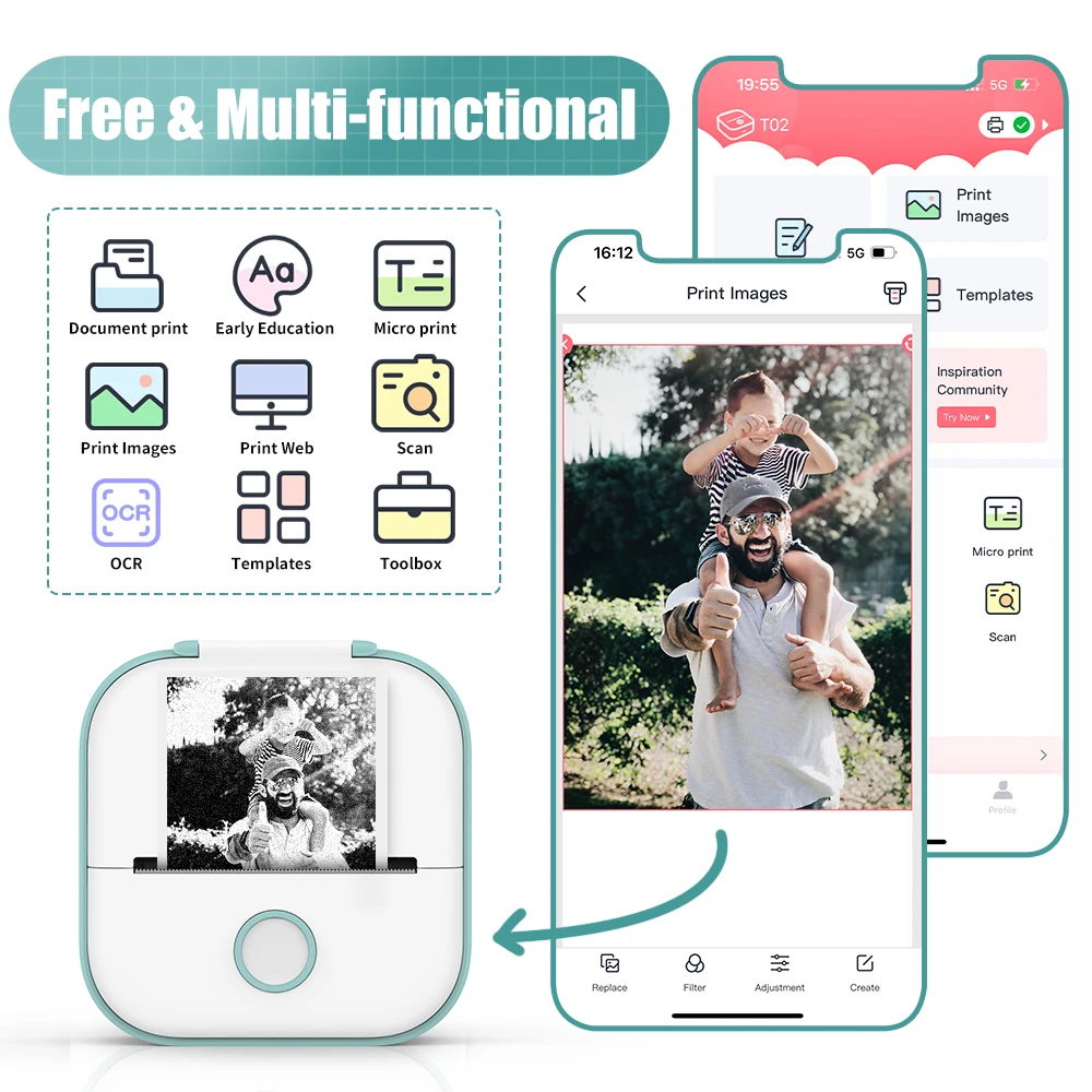 Phomemo 휴대용 미니 무선 감열식 포켓 프린터, 자체 접착 스티커, DIY 저널 스티커, 인쇄용, 포타틸, T02