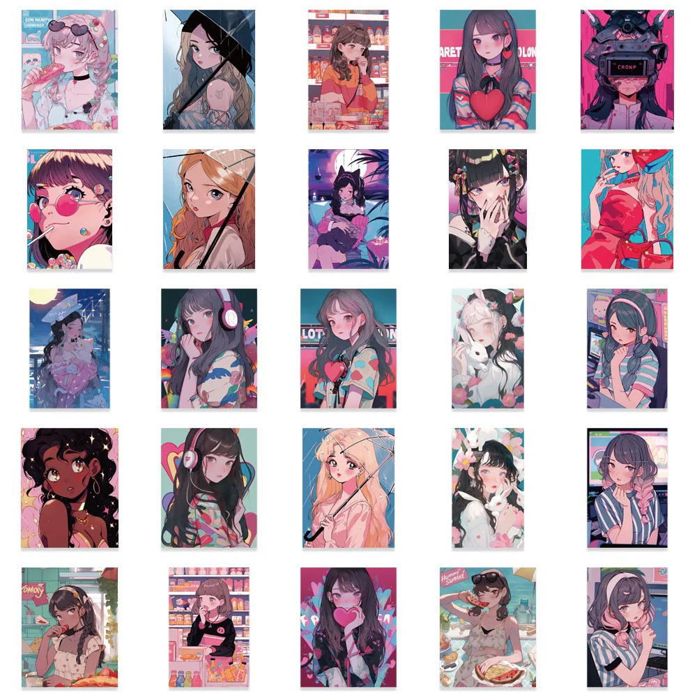 Illustrator Girl Ins 레트로 Y2K 만화 스티커, DIY 휴대폰 노트북 수하물 스케이트보드 그래피티 데칼, 재미있는 어린이 장난감, 10 PCs, 30 PCs, 52PCs