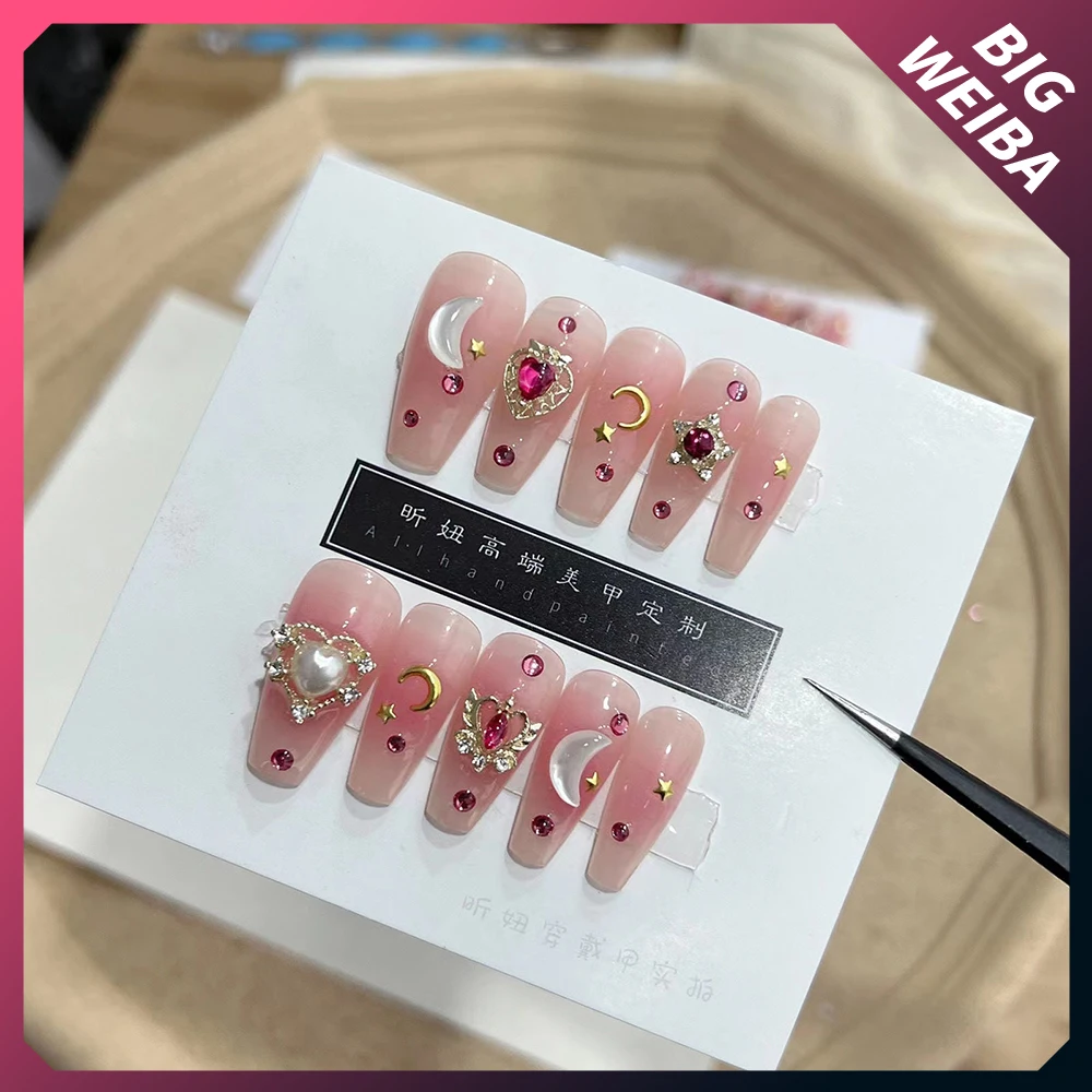 DIY 프렌치 발레리나 가짜 손톱, 귀여운 핑크 웨딩 나비 매듭, 다이아몬드 긴 관 스틸레토 손톱, 풀 커버 네일 팁