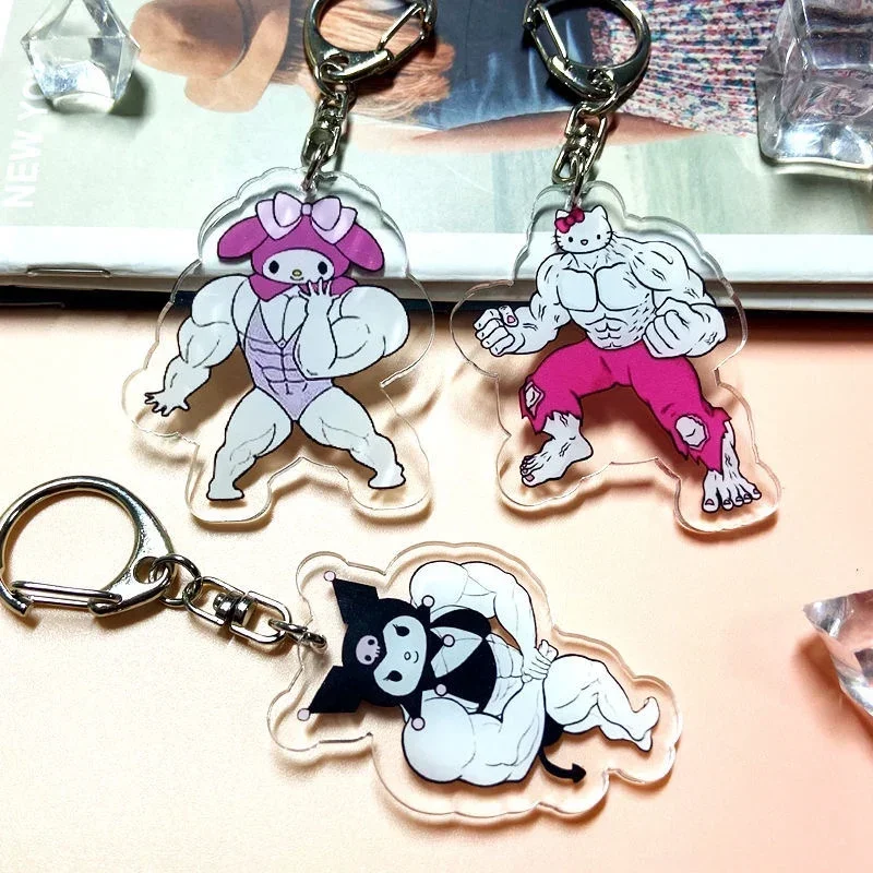 재미있는 근육 키체인 애니메이션 헬로 키티 카와이 소녀 키체인, 피트니스 마초 마이 멜로디 배낭 커플 펜던트 장난감 선물