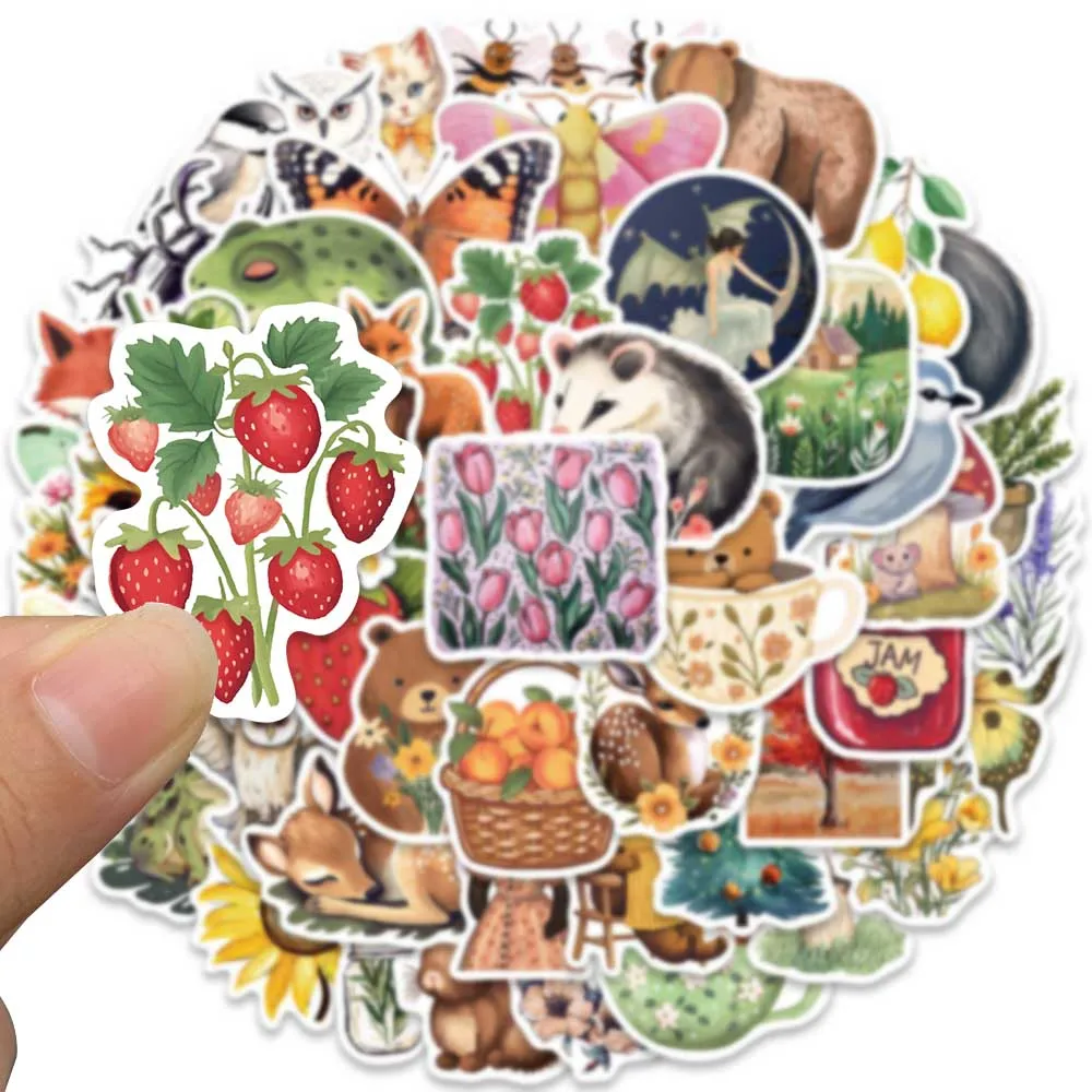 레트로 만화 동물 식물 매직 포레스트 스티커, 노트북 휴대폰 기타 수하물, 방수 그래피티 비닐 데칼, 50 개