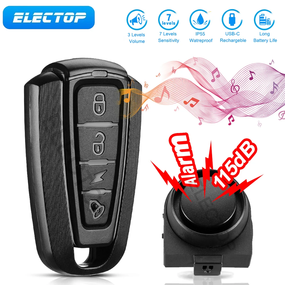 ELECTOP 무선 자전거 진동 경보, IP55 방수 오토바이 경보, USB 충전 원격 제어, 도난 방지 경보 시스템 title=ELECTOP 무선 자전거 진동 경보, IP55 방수 오토바이 경보, USB 충전 원격 제어, 도난 방지 경보 시스템 