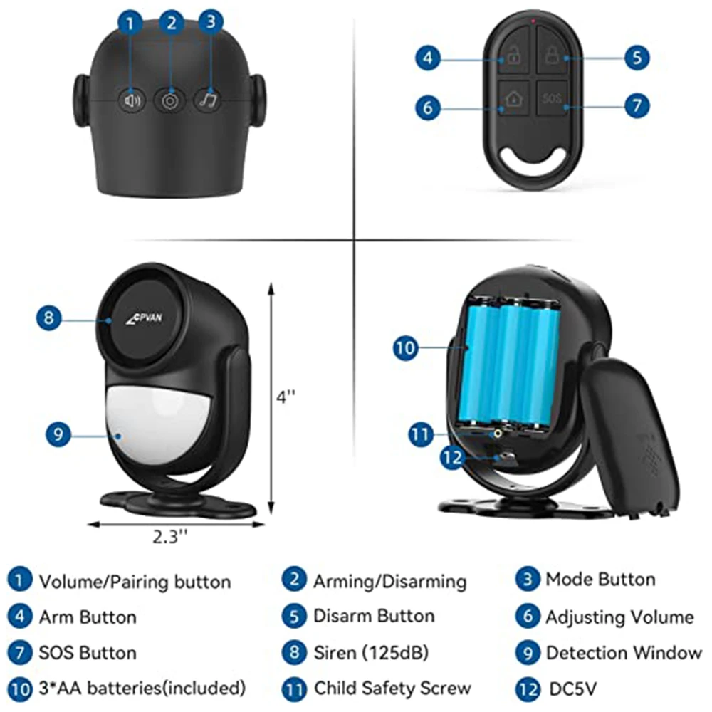 원격 제어 모션 센서 알람, 실내 무선 적외선 보안 모션 감지기, 사이렌 포함 (125dB, 3 * AA 배터리)