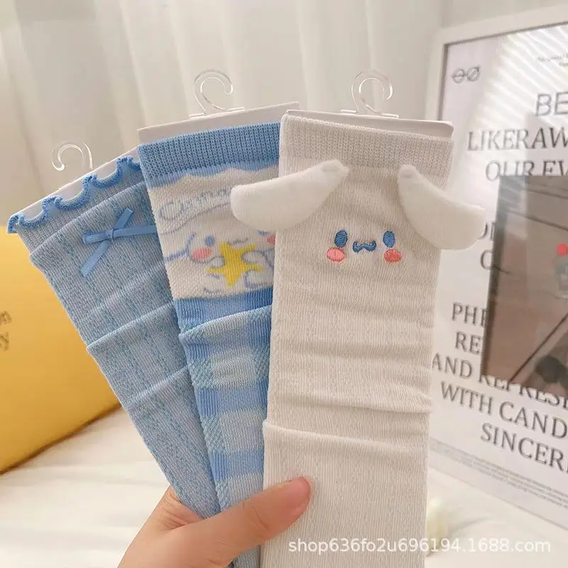 귀여운 애니메이션 산리오 미드 튜브 양말, 시나모롤, 귀여운 학생 가을, 사계절, 편안한 땀 흡수 양말, 소녀 장난감, 3 개