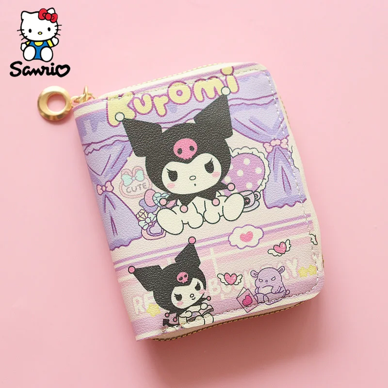 산리오 만화 쿠로미 시나몬 PU 지갑, 카드홀더 접이식 지퍼 컴팩트 지갑, 여성 생일 선물, 도매