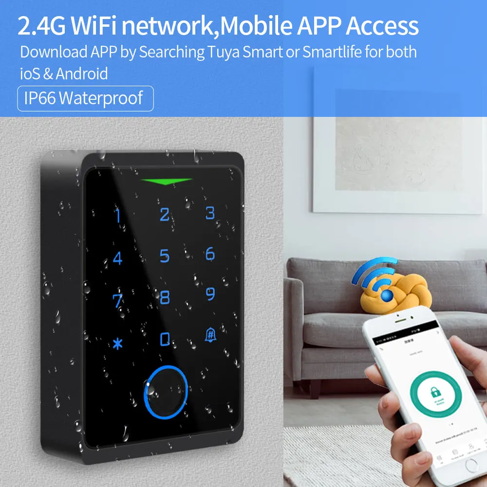 Tuya 앱 문짝 잠금 장치, IP66 방수, 키리스 생체 인식, 와이파이 액세스 제어, 독립형 키패드, 지문, EM RFID 카드, 문짝 입력