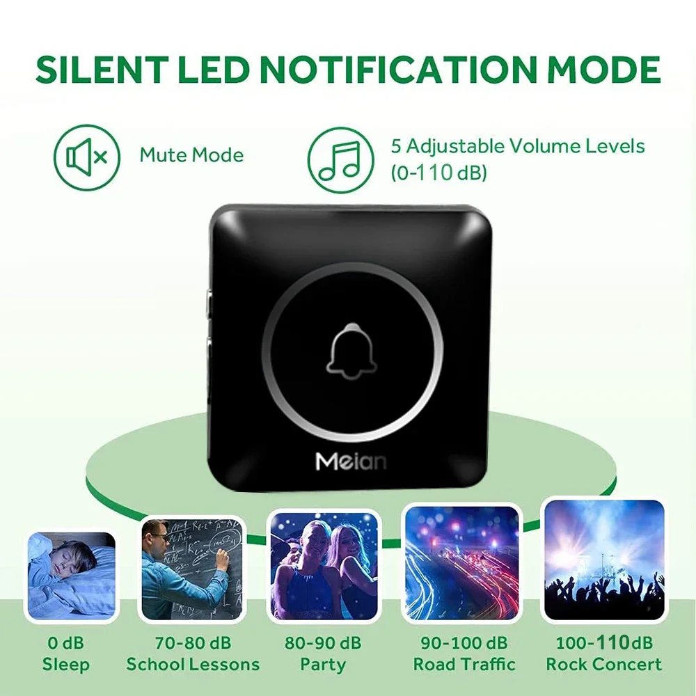 Meian-야외 무선 초인종, 스마트 홈 웰컴 초인종, IP65 방수 문짝 벨, 차임 키트, 60 벨소리, LED 플래시 알람