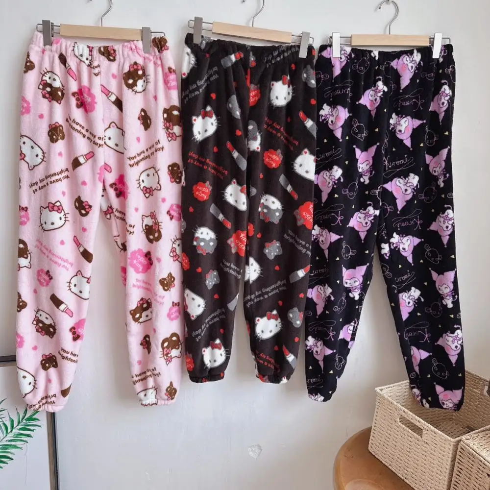귀여운 헬로 키티 산리오 플란넬 잠옷 바지, 만화 애니메이션 가을 겨울 가정 의류, 부드러운 캐주얼 바지, 소녀 생일 선물