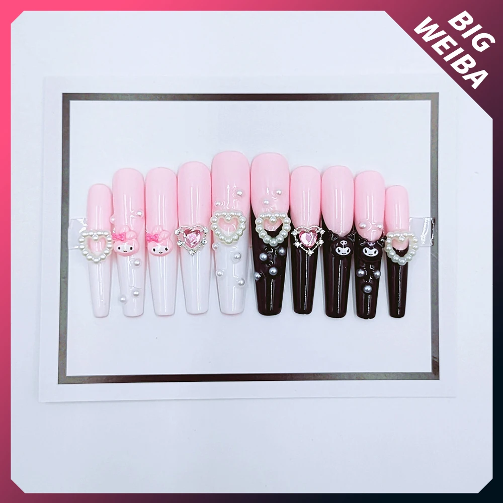 헬로 키티 롱 네일 다이아몬드 롱 코핀 스틸레토 풀 커버 분리형 네일, 유럽 미국 발레리나 패션 수공 네일