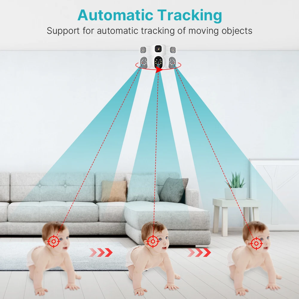 듀얼 렌즈 PTZ 스마트 와이파이 감시 카메라, 야간 투시경 AI 자동 추적 베이비 모니터, 무선 감시 IP 카메라, 2K, 4MP