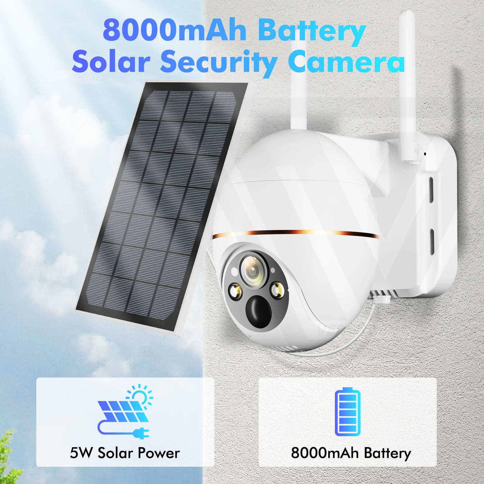 무선 PIR 인간 추적 CCTV HD 야외 방수 PTZ 감시 IP 카메라, 5MP 태양광 와이파이 카메라, 8000mAh 배터리, 5 배 줌