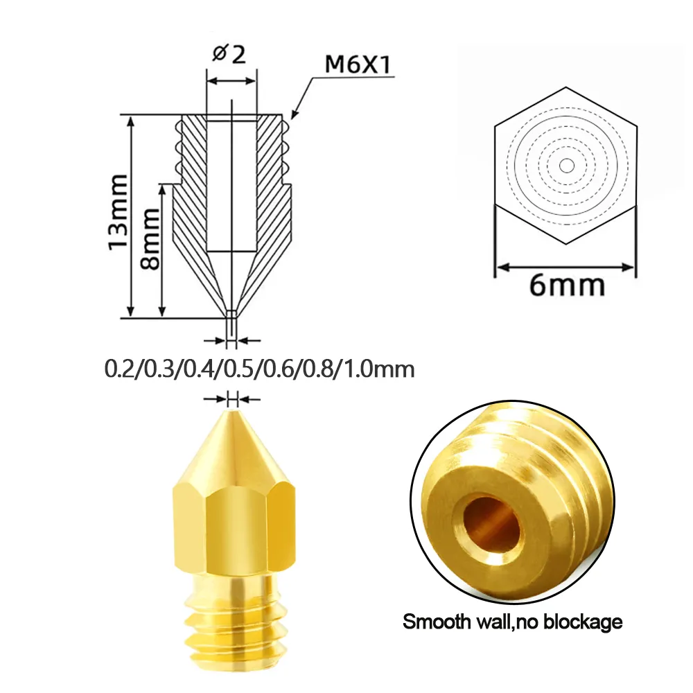 MK8 황동 노즐, 1.75mm CR10 CR10S Ender-3 3D 프린터 액세서리용, 0.2mm, 0.3mm, 0.4mm, 0.5mm 압출기 프린트 헤드 노즐, 5 개, 10 개