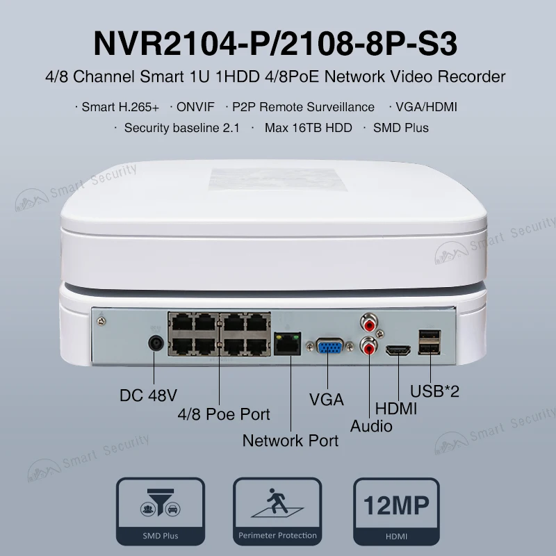Dahua 다국어 미니 네트워크 비디오 레코더, 4 채널, 8 채널, 4 채널, 8PoE NVR, 12MP 카메라 보안 보호 NVR2104-P-S3 NVR2108-8P-S3