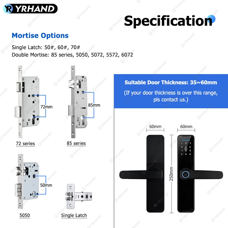 YRHAND 지능형 생체 인식 스마트 잠금 장치, 투야 앱 원격 잠금 해제, 키리스 와이파이 잠금, 전자 스마트 문짝 잠금 장치