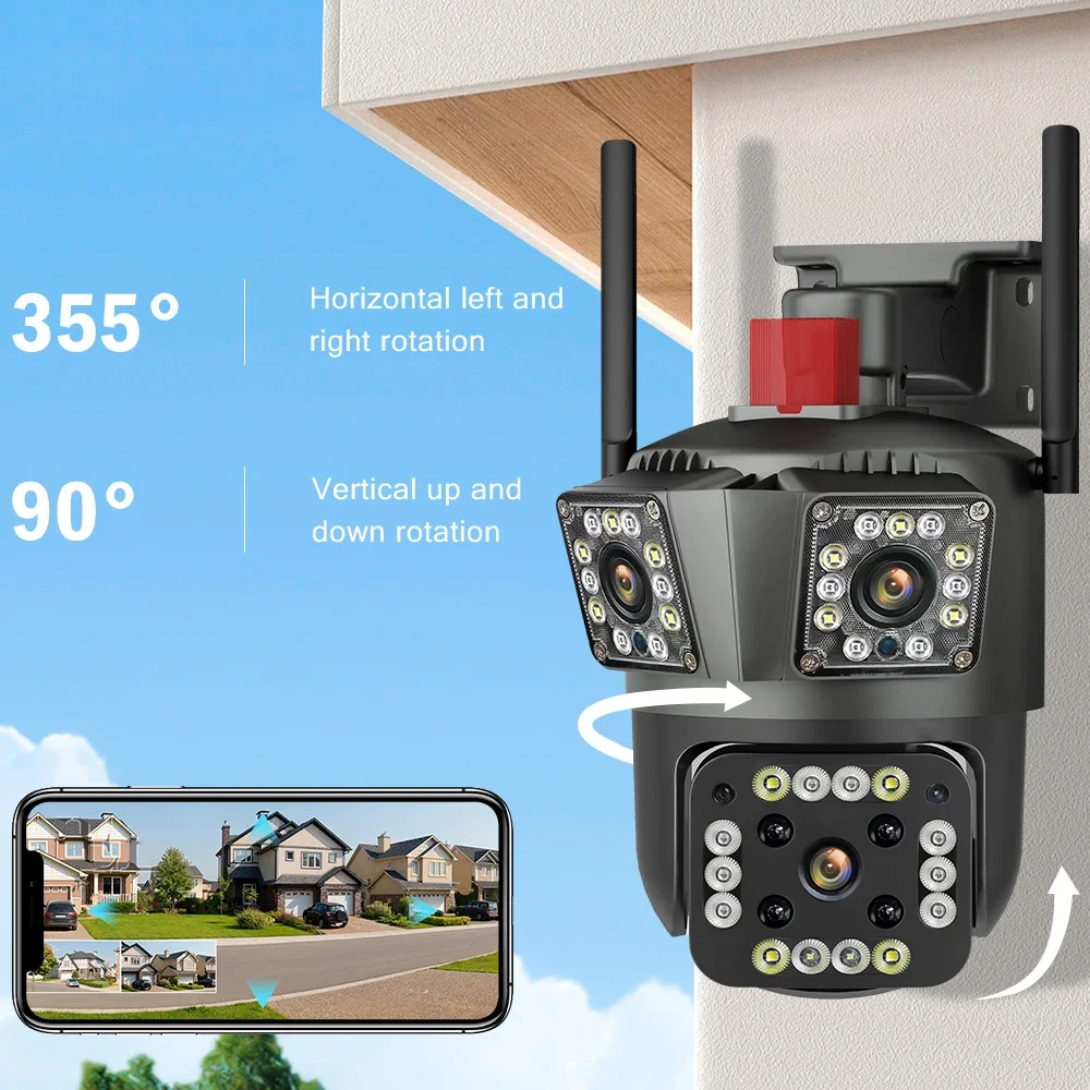 CANSITUM HD 와이파이 IP 야외 카메라, 자동 추적 모션 감지, PTZ 방수 보안 시스템, 3 렌즈, 3 스크린 카메라, 12MP