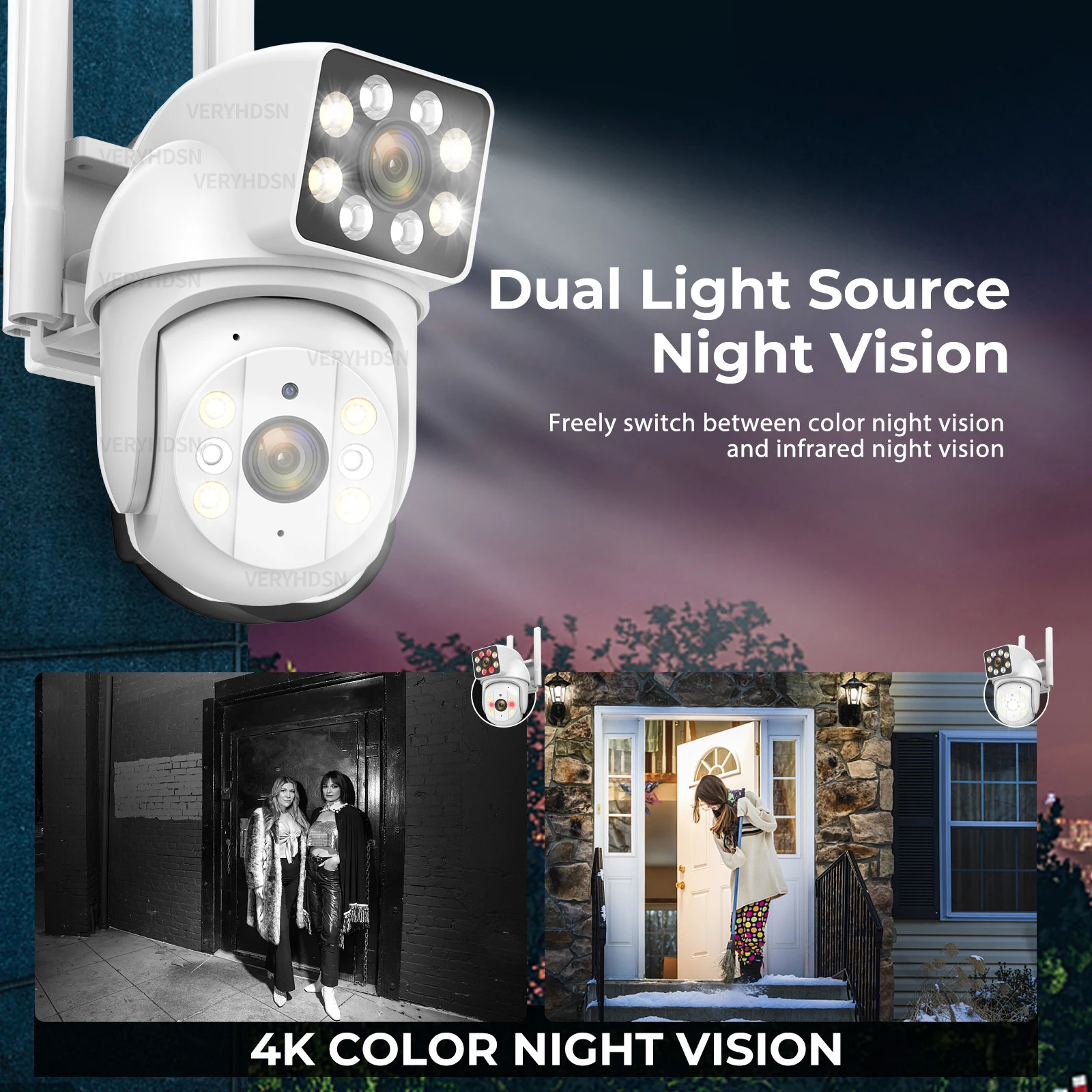 듀얼 렌즈 무선 감시 카메라, 야외 8 배 줌, 방수 감지, 추적 컬러 야간 투시경, IP 와이파이 카메라, 360° 8MP, 1/3 개