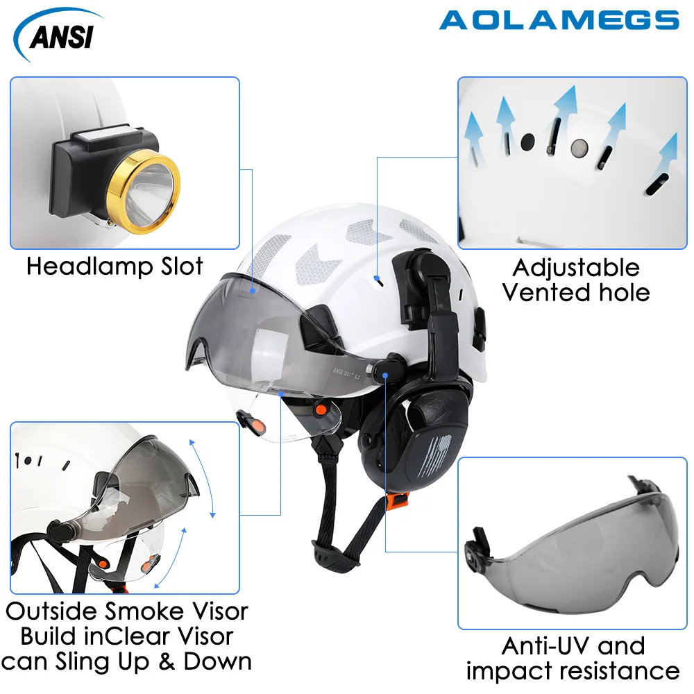 CE 건설 안전 헬멧, 바이저 내장 고글 귀마개, 엔지니어 ABS 하드 햇, 산업용 작업 캡, 머리 보호
