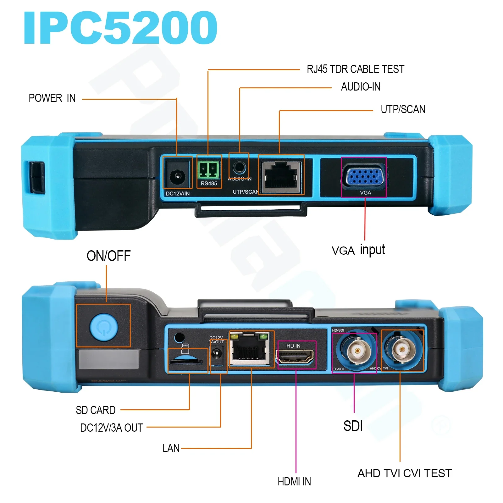 Cctv 테스터 IPC-5200 플러스 풀 8MP IP CVI TVI AHD SDI 아날로그 6 인 1 Hd 테스터 모니터, Vga 및 4k HDMI 입력 케이블 트레이서 전원 입력