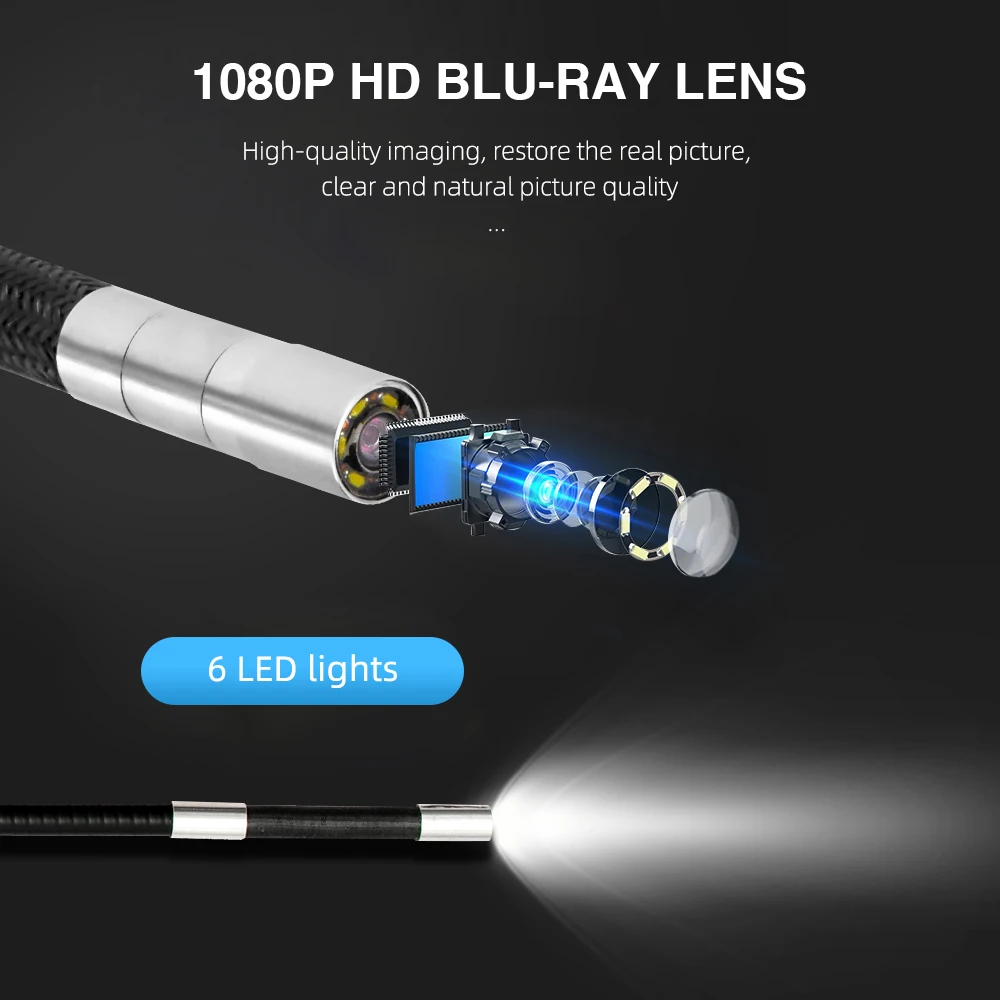 산업용 내시경 카메라 자동차 검사 카메라, HD 1080P, 6mm, 8mm, 180 도 스티어링, 6LED, 아이폰, 안드로이드 1M 용