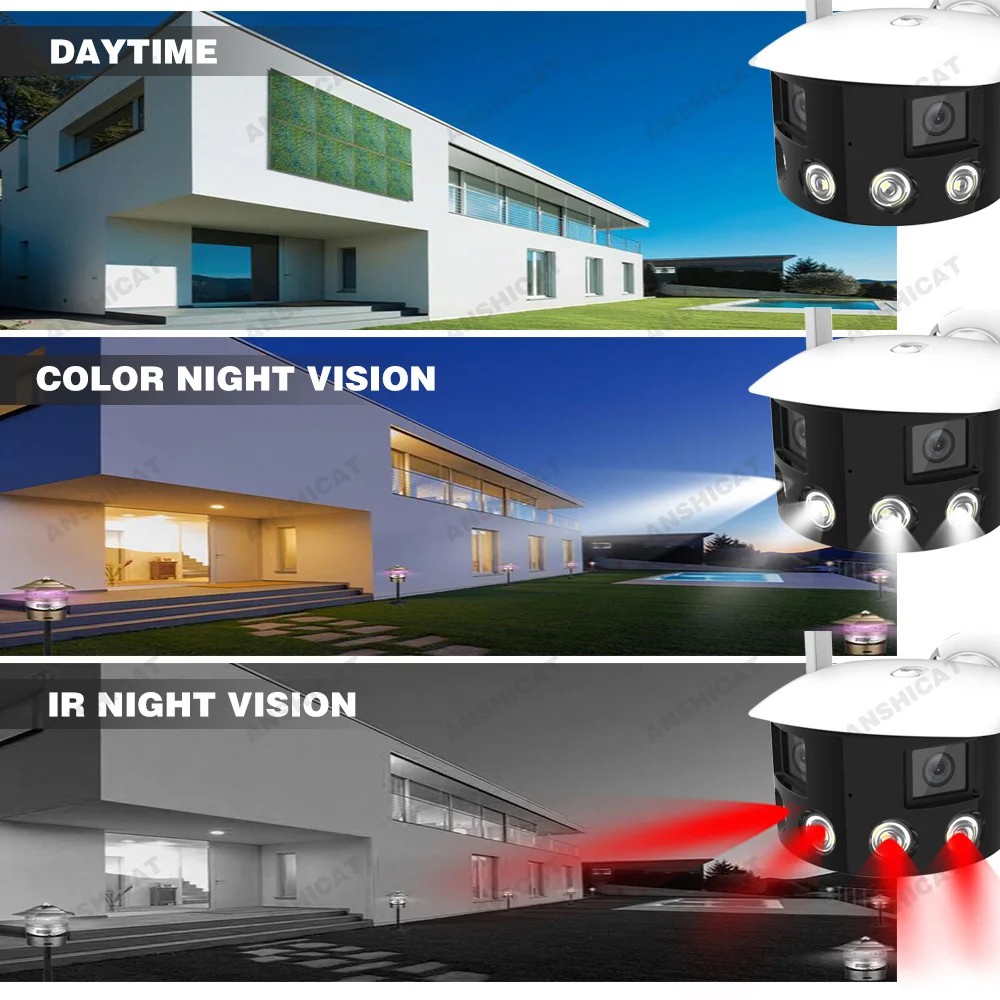 컬러 나이트 비전 180 ° 듀얼 렌즈 와이드 엔젤 야외 IP 카메라, 와이파이 감시 카메라, 4MP CCTV 보안 보호, 4K 8MP