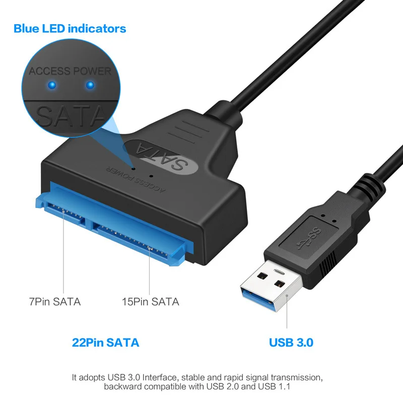 SATA to USB 3.0 2.0 케이블, 최대 6 Gbps, 2.5 인치 외장 HDD SSD 하드 드라이브 SATA 3 22 핀 어댑터, USB 3.0 to Sata III 코드