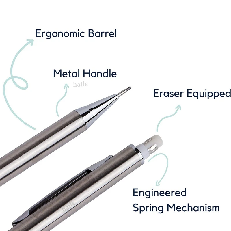 Haile-0.3 0.5 0.7 0.9mm HB 기계식 연필 세트, 풀 메탈 아트 드로잉 스케치, 검정색 리드 리필로 자동 연필 쓰기