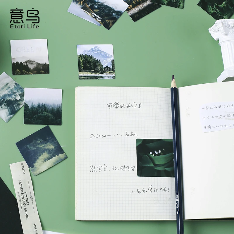 녹색 숲 시리즈 미적 스티커 일기 플래너 장식 모바일 스티커 스크랩북 공예 스티커, 46 개/상자