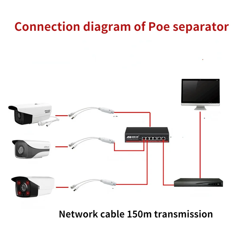 POE 케이블 패시브 파워 오버 이더넷 어댑터 케이블, POE 스플리터 RJ45 인젝터 전원 공급 장치 모듈, IP 카메라용, 12-48V, 1 개