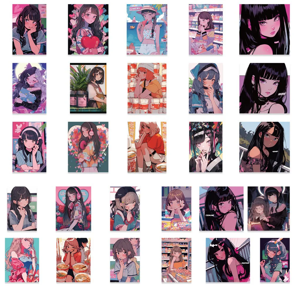 Illustrator Girl Ins 레트로 Y2K 만화 스티커, DIY 휴대폰 노트북 수하물 스케이트보드 그래피티 데칼, 재미있는 어린이 장난감, 10 PCs, 30 PCs, 52PCs