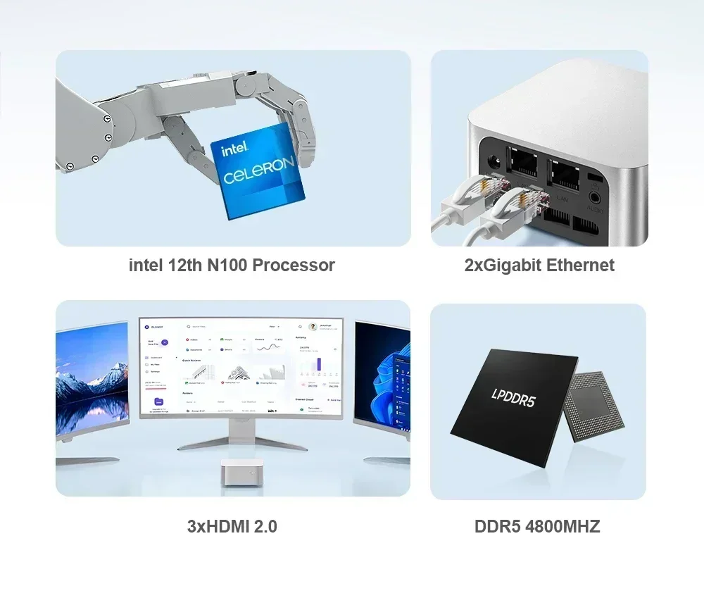 Chatreey 미니 PC 인텔 셀러론 쿼드 코어 N200, N100 포켓 컴퓨터, 3x HDMI 2.0, 2x 기가비트 이더넷, 윈도우 11, 와이파이 5, T8