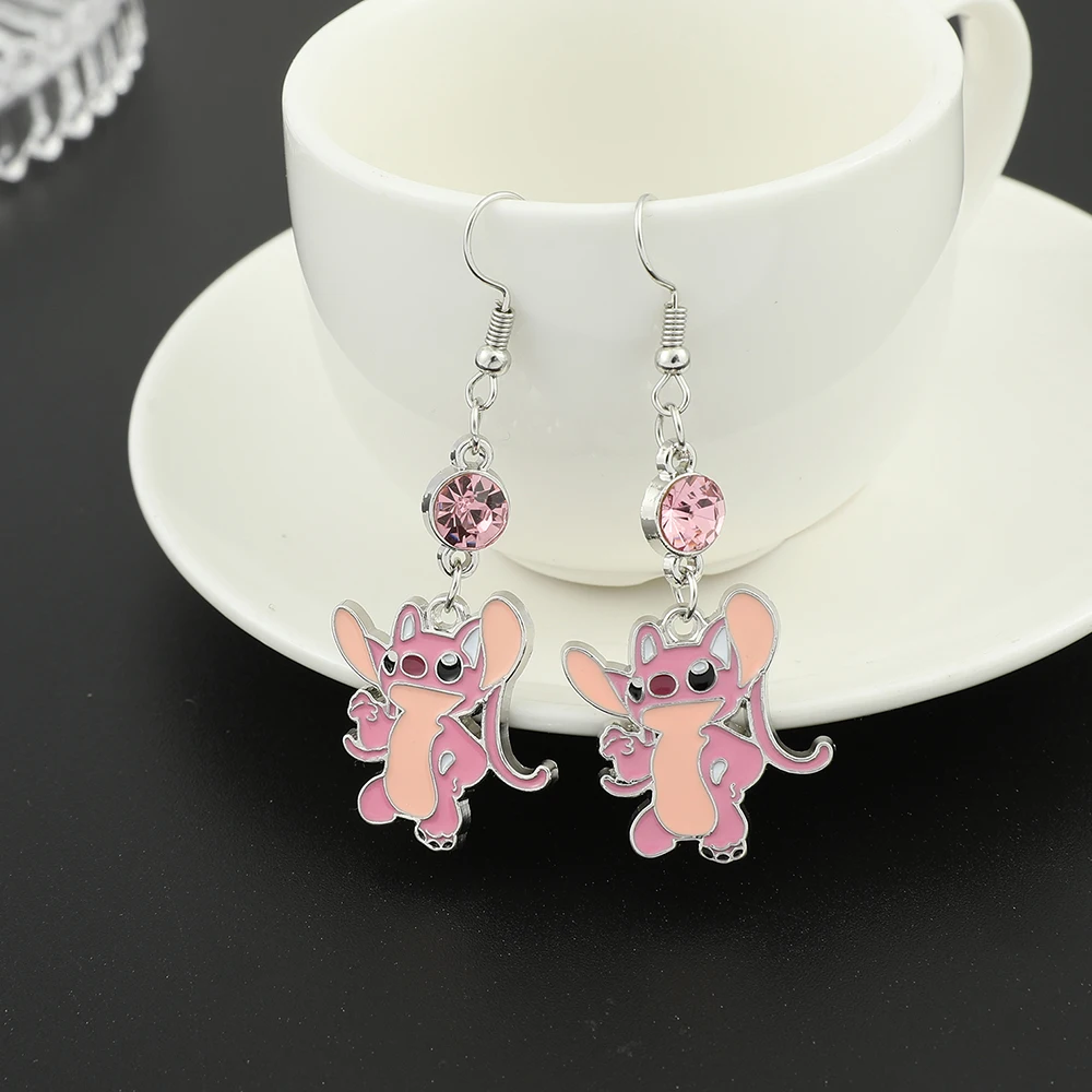 카와이 천사 스티치 만화 애니메이션 릴로 & 스티치 귀걸이, 크리스탈 펜던트 에나멜 귀걸이 여성을 위한 매력 쥬얼리 액세서리