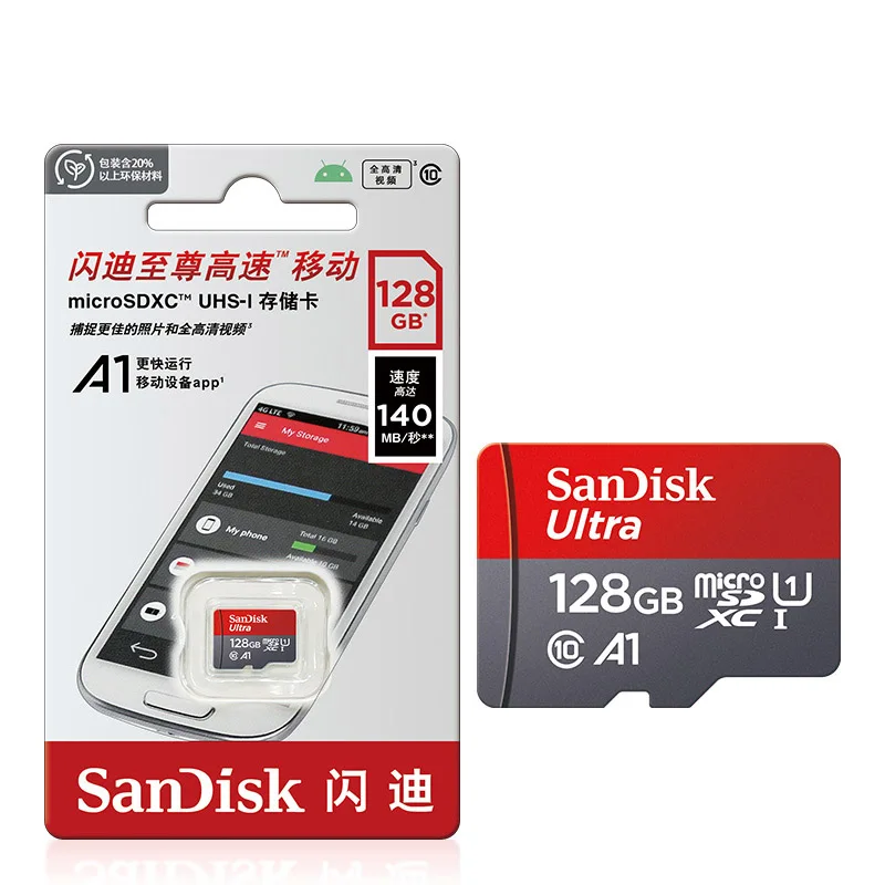 SanDisk 100% 오리지널 메모리 카드, 마이크로 SD 카드, 클래스 10 UHS-1 TF 플래시 카드, 스마트폰 및 PC용, 128GB, 64GB, 32GB, A1