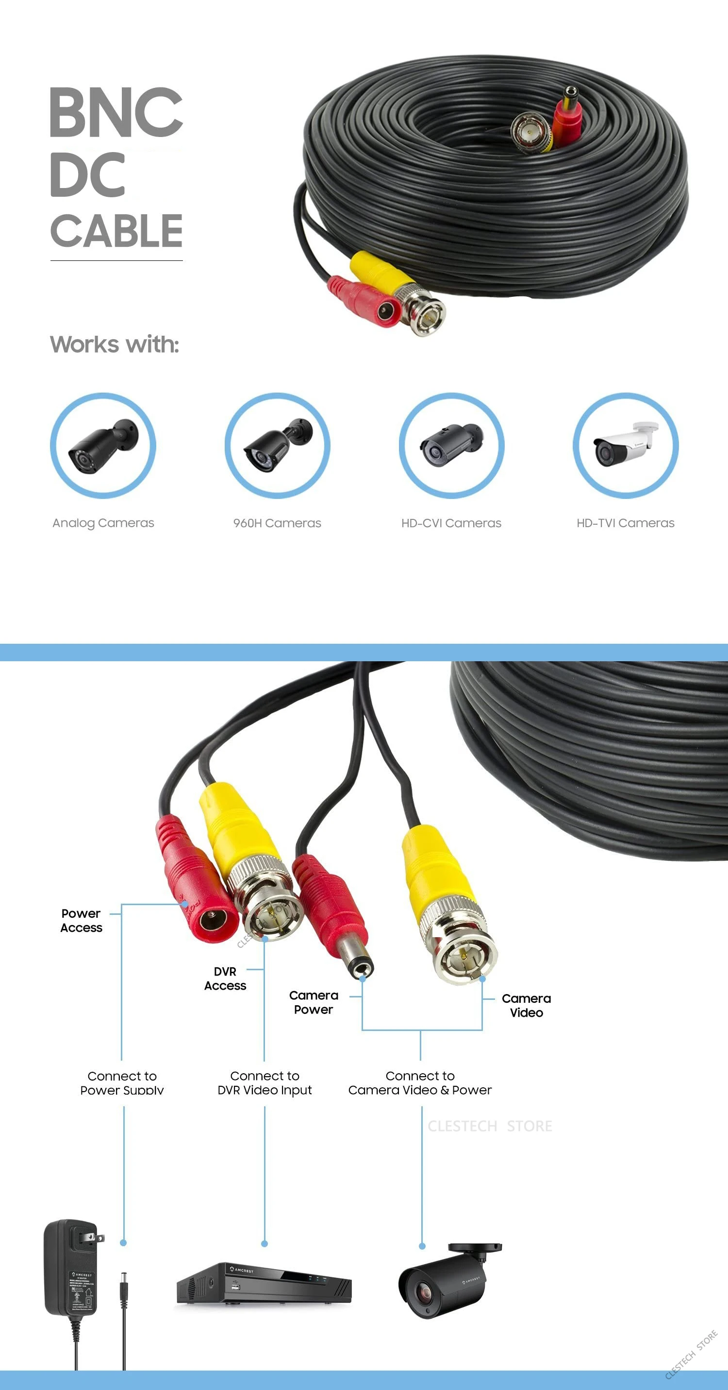 모든 구리 2 인 1 AHD CCTV 카메라 케이블, 비디오 및 전원 보안 카메라 와이어 확장, Bnc + DC, HD 5m, 10m, 15m, 20m, 25m, 30m, 50m