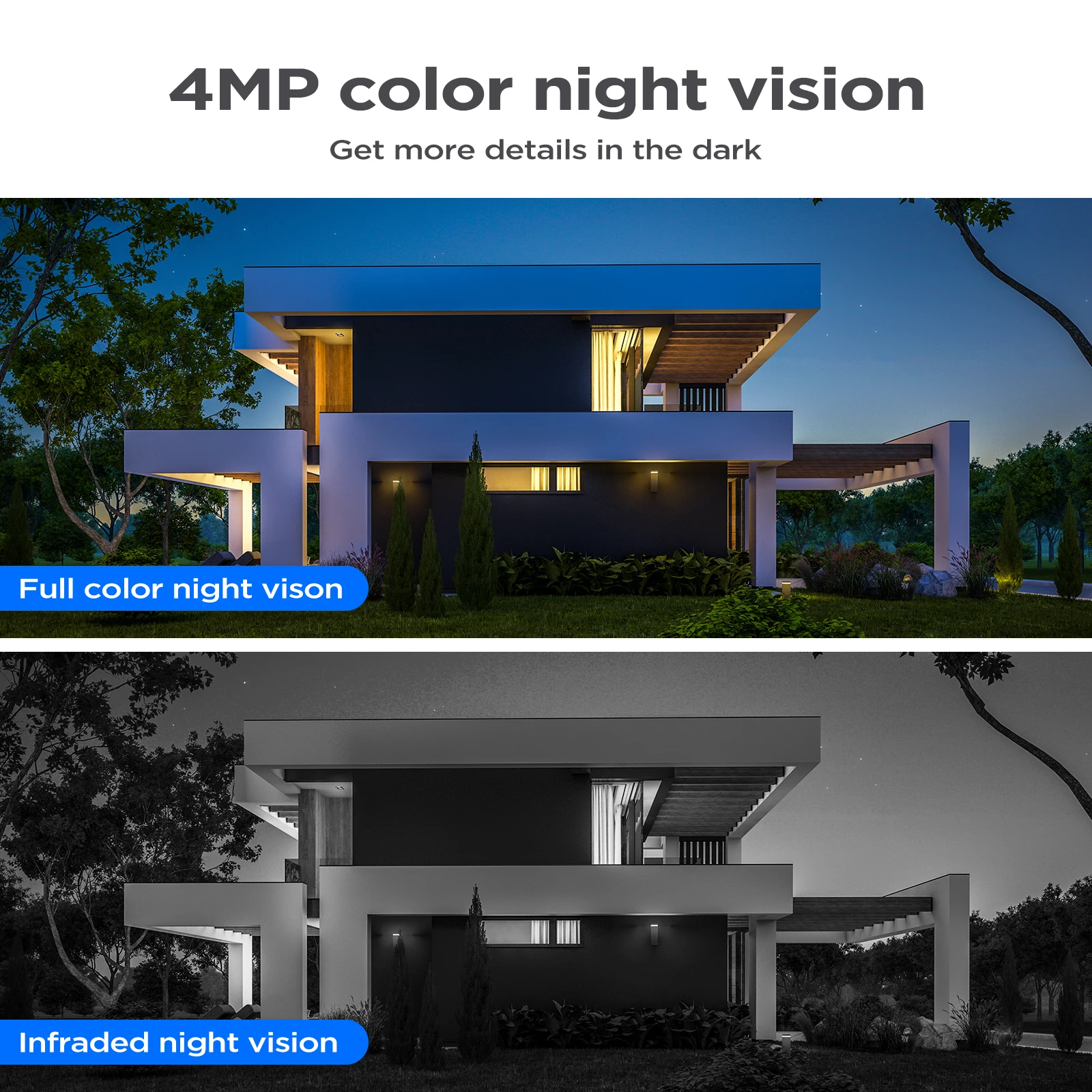 4MP 와이파이 태양광 카메라 8000mAh 충전식 배터리 PIR 감지 야외 감시 태양광 구동 카메라 보안 보호