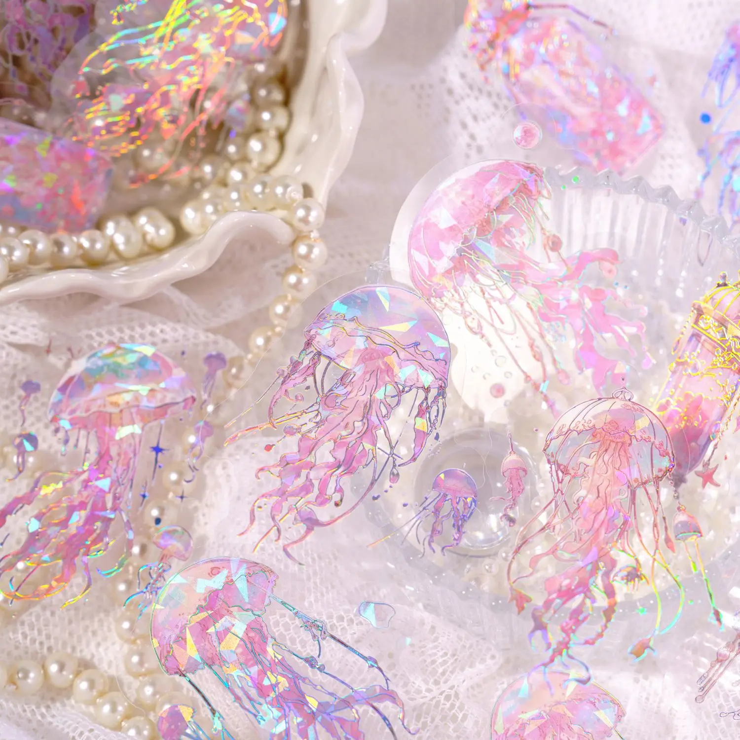 Journamm 반짝이 해파리 스티커, 레이저 실버 콜라주, 정크 저널, DIY 랩북, 애완 동물 미학 장식 스티커, 팩당 20 개