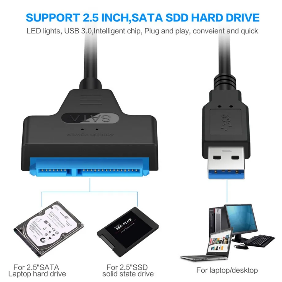 SATA to USB 3.0 2.0 케이블, 최대 6 Gbps, 2.5 인치 외장 HDD SSD 하드 드라이브 SATA 3 22 핀 어댑터, USB 3.0 to Sata III 코드