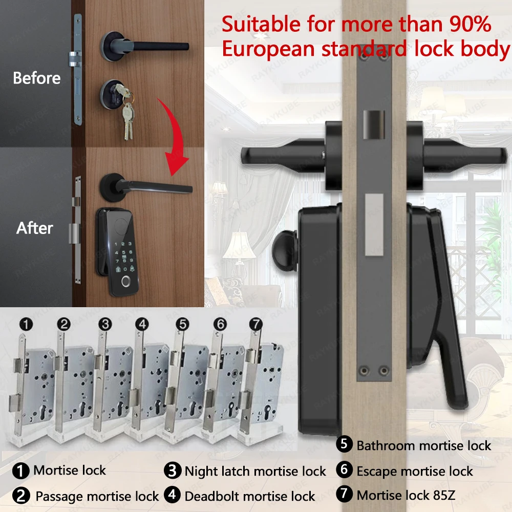 RAYKUBE N1 TT Lock 자동 스마트 지문 잠금 세트, 핸들 및 문짝 센서, 앱 원격 잠금 해제, 쉬운 설치, 와이어링 펀칭 없음