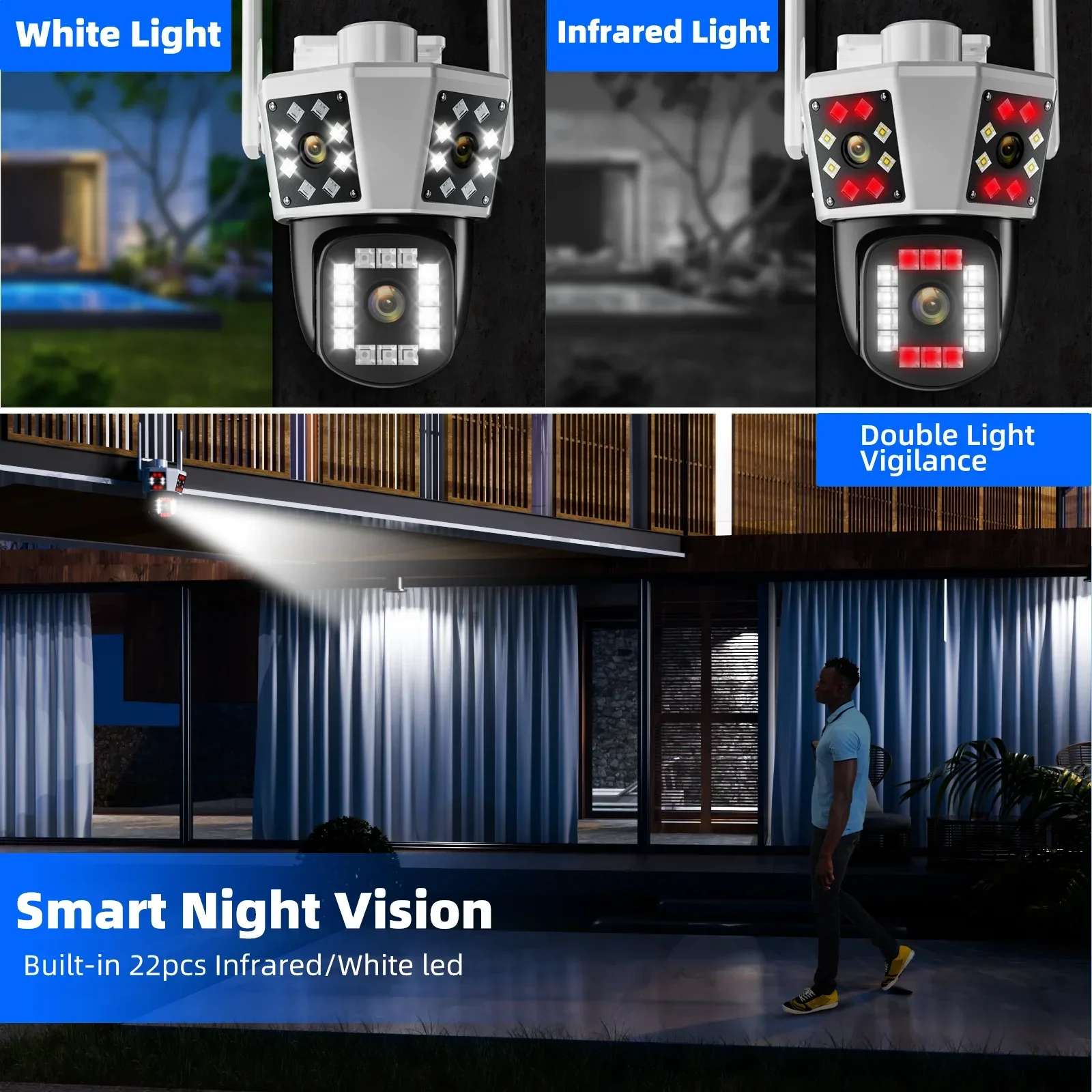 와이파이 야외 감시 보안 카메라, 15MP 카메라, 6K, 8X 광학 줌, 자동 추적 PTZ 3 렌즈, 3 스크린, IP CCTV 방수