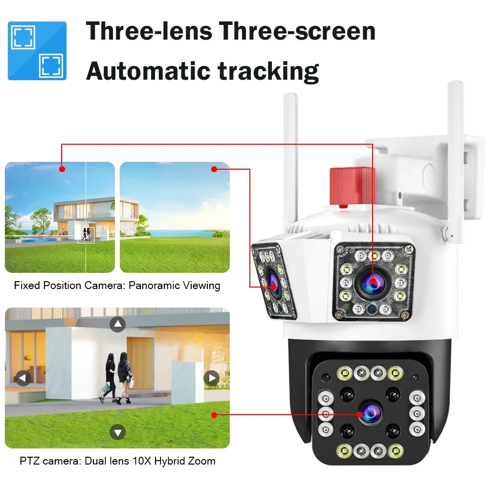 Legendsafe 야외 와이파이 IP 카메라, 모션 추적 PTZ 4K 비디오 카메라, 3 개 렌즈, 3 개 스크린, 방수 보안 시스템, 6K, 12MP