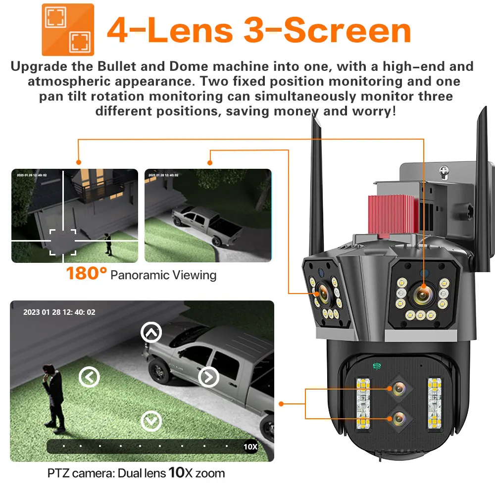 야외 360 ° 감시 보안 카메라, 스마트 홈 AI 추적 CCTV 카메라, 와이파이 카메라, 렌즈 4 개, 3 개 스크린, 10X 줌, 8K, 16MP
