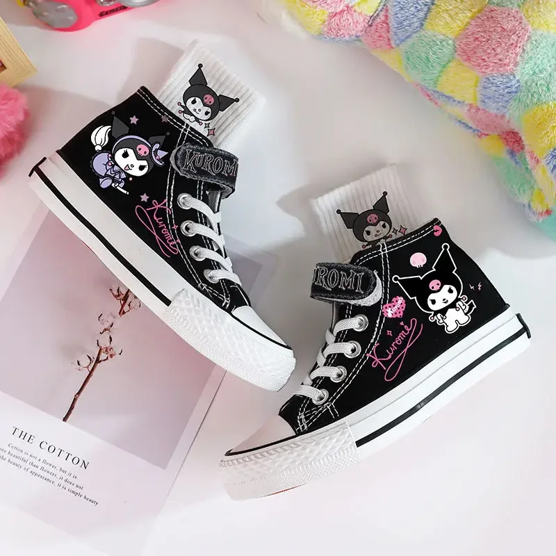 카와이 산리오 쿠로미 캔버스 신발, 어린이 만화 벨크로 스니커즈, 애니메이션 하이탑 캐주얼 플랫 슈즈, 무료 양말 인형 버클, 신상