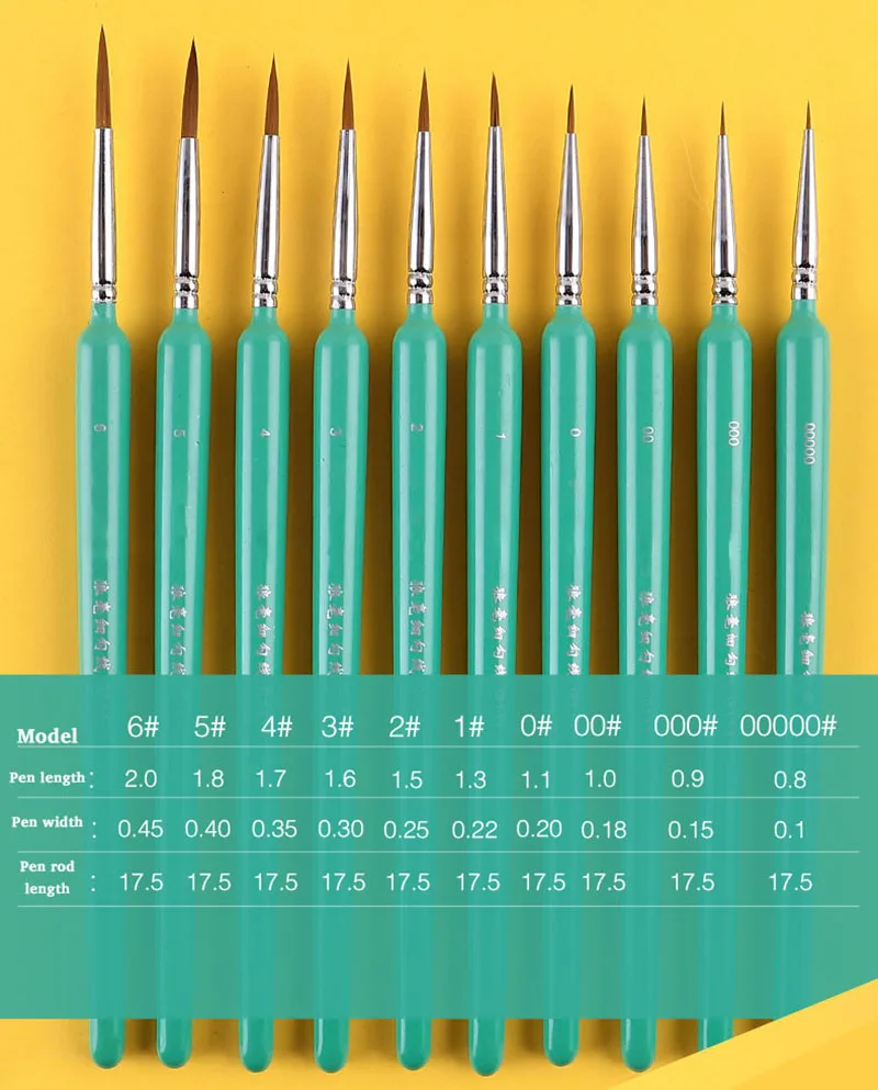 미니어처 후크 라인 펜, 족제비 헤어 페인트 브러시, 구아슈 수채화, 오일 페인트, 아티스트, 손으로 그린, 10 개