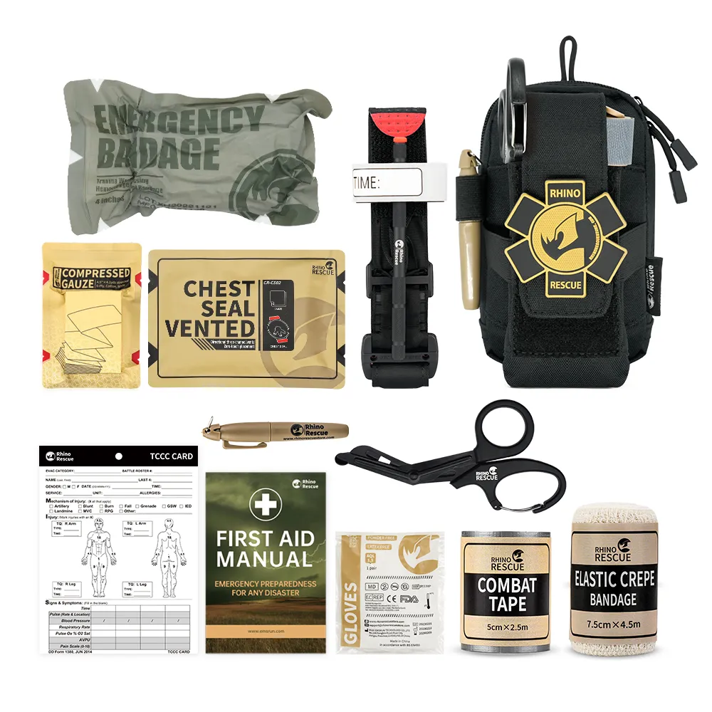 RHINO RESCUE EDC IFAK 생존 외상 키트, Molle 전술 파우치, 금속 지혈대, 붕대, 군용 가슴 도장