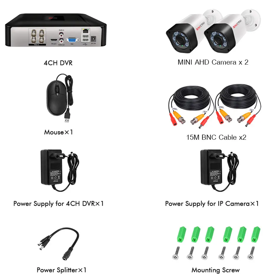 SIMICAM CCTV 보안 시스템 키트, 적외선 방수, AHD 아날로그 카메라, 비디오 감시 세트, BNC, 1080P, 4CH DVR, 2PCs, 2MP 총알